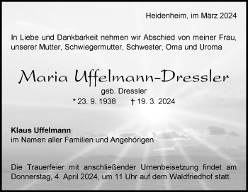 Traueranzeige von Maria Uffelmann-Dressler von Heidenheimer Zeitung