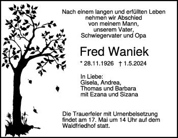 Traueranzeige von Fred Waniek von Heidenheimer Zeitung