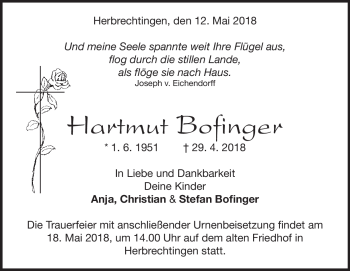 Traueranzeige von Hartmut Bofinger von Heidenheimer Zeitung
