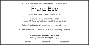 Traueranzeige von Franz Bee von Heidenheimer Zeitung